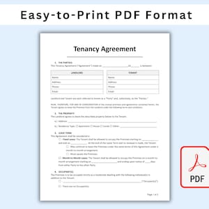 May include: A black and white printable tenancy agreement form with the title "Tenancy Agreement" and the text "Easy-to-Print PDF Format". The form includes sections for the landlord and tenant information, property details, lease terms, and occupants.