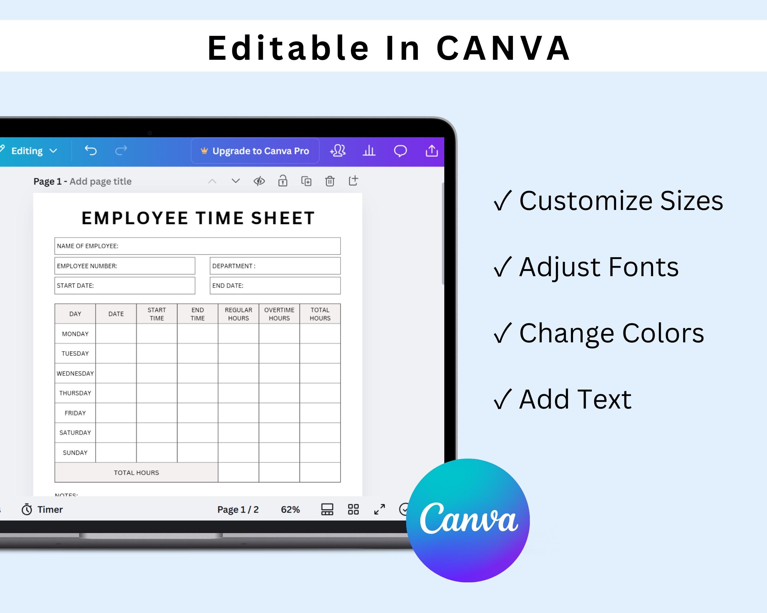 Printable Employee Time Sheet | Weekly Timesheet Template | Staff Work ...