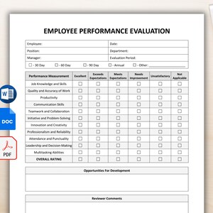 May include: A black and white printable employee performance evaluation form with checkboxes for rating different performance categories. The categories include job knowledge, quality of work, productivity, communication skills, teamwork, initiative, innovation, professionalism, attendance, leadership, and multitasking abilities. The form also includes sections for overall rating, opportunities for development, and reviewer comments.