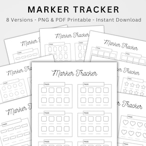 Puede incluir: Hojas de seguimiento de marcadores imprimibles con diferentes diseños. Los diseños incluyen círculos, cuadrados, estrellas y corazones. Las hojas están etiquetadas como "Marker Tracker" y tienen un número de página.