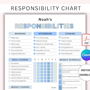 EDITIERBARE Verantwortungstabelle für Kinder. Diagramm zur Verantwortung der Kinder Wöchentliche Aufgabenliste für Kinder. Checkliste für die tägliche Routine für Kinder. CANVA/PDF