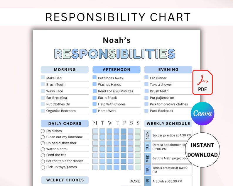 K&ouml;nnte beinhalten: Eine druckbare Verantwortlichkeitstabelle mit dem Titel "Responsibility Chart" und dem Namen "Noah's Responsibilities" oben. Die Tabelle enth&auml;lt Abschnitte f&uuml;r Morgen-, Nachmittags- und Abendaufgaben, t&auml;gliche Aufgaben und einen Wochenplan. Sofortiger Download.