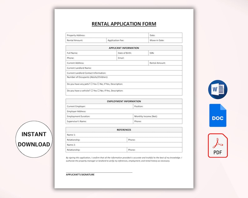 Printable Rental Application Form. Landlord Rental Application. Tenant ...