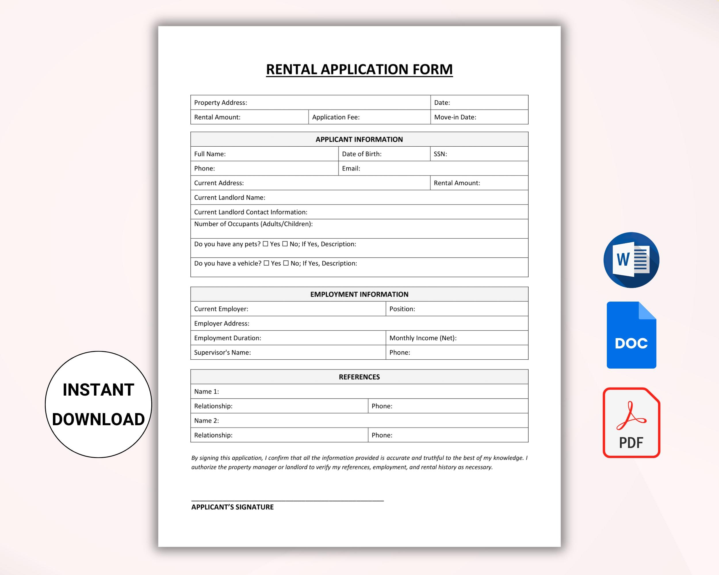 Printable Rental Application Form. Landlord Rental Application. Tenant ...