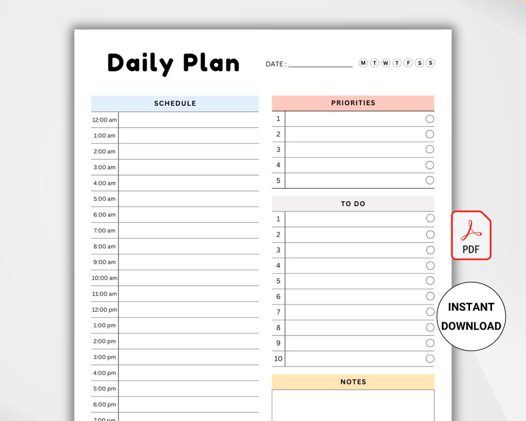 24 Hour Daily Planner Printable, Hourly Schedule, Undated Time Blocking ...