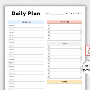 May include: A printable daily planner with sections for schedule, priorities, to do, and notes. The planner has a light blue, peach, and yellow color scheme.