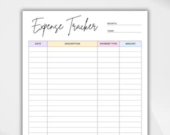 May include: A printable expense tracker with columns for date, description, payment type, and amount. The headings are in pastel colors.
