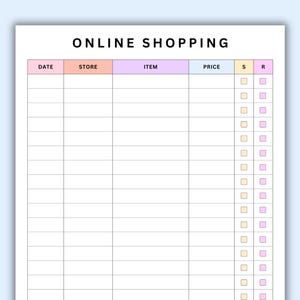 May include: A printable online shopping tracker with columns for date, store, item, price, and checkboxes for shipped and received.
