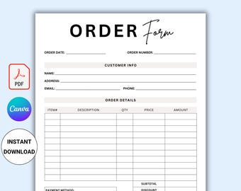 Editable Order Form Template Canva PDF, Small Business Purchase Form, Printable Customer Order Sheet
