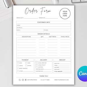 Plantilla de formulario de pedido editable en Canva, formulario de pedido para clientes de pequeñas empresas, tamaño carta estadounidense A4 (descarga digital)