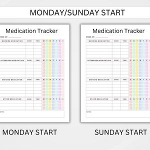 May include: Two printable medication tracker pages with a rainbow color scheme. The left page is for a Monday start and the right page is for a Sunday start. Each page has sections for morning, afternoon, evening, and other medication, with columns for dose, time, and each day of the week.