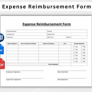Peut inclure: Un formulaire de remboursement de frais imprimable en noir et blanc avec des champs pour le nom de l'employé, l'ID, le superviseur, le poste, le département, la date de début, la date de fin, la date du frais, l'article ou le service acheté, la raison du frais, le coût, le reçu joint, la signature de l'employé, la signature du superviseur, la date de soumission et la date d'approbation.