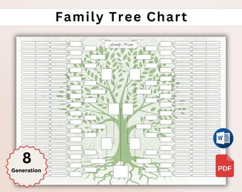 Printable Family Tree Chart - 8 Generations. Family Tree Templates. Digital Pedigree Chart. Ancestral Chart. Genealogy Template. PDF & WORD