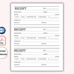 K&ouml;nnte beinhalten: Eine druckbare Quittungsvorlage mit drei leeren Quittungen. Jede Quittung hat Felder f&uuml;r Datum, Nummer, Empf&auml;nger, Betrag, Zahlung f&uuml;r, Empf&auml;nger und Unterschrift. Die Zahlungsmethoden umfassen Barzahlung, Scheck, Kredit-/Debitkarte und Bank&uuml;berweisung.