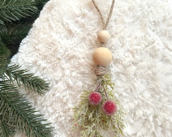 Rustic Wooden Bead and Twine Christmas Tree Ornaments with Greenery and Berries