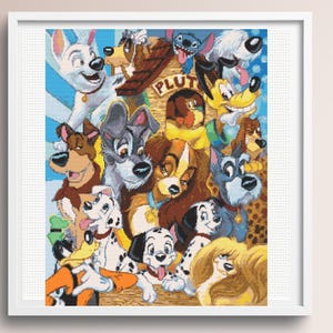 Könnte beinhalten: Eine bunte Illustration einer Gruppe von Cartoon-Hunden, darunter Lady, Tramp und Pluto. Die Hunde lächeln alle und schauen den Betrachter an. Die Illustration ist vor einem blauen und weißen Hintergrund platziert.