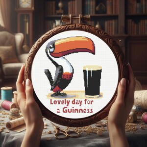 May include: Cross-stitch embroidery in a wooden hoop featuring a toucan and a pint of Guinness. The text "Lovely day for a Guinness" is stitched below the image. The hoop is held by hands, with sewing supplies in the background.