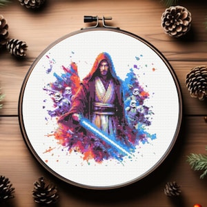 May include: A cross-stitch pattern featuring a Jedi Knight with a blue lightsaber, surrounded by other characters in a colorful watercolor-style background.
