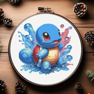 May include: A blue and yellow cartoon turtle character with a red shell, surrounded by blue water droplets, on a white background.