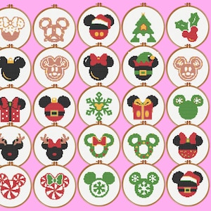 Mickey Mouse Cross Stitch Pattern - 25 Mickey Christmas Hats Bundle Set, Instant Download