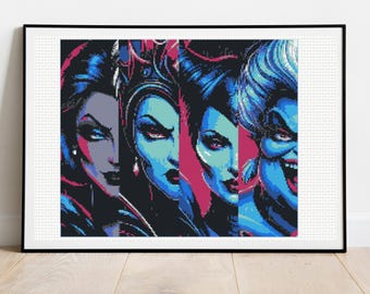 Villains Cross Stitch Pattern, Ursula, Evil Queen and Maleficen, Cruella Cross Stitch Pattern - instant Download