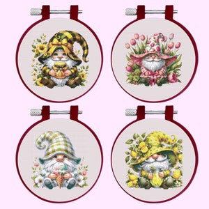 Summer Gnomes Cross Stitch Pattern, 4 Gnome Bundle Set, instant download