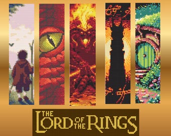 May include: Set of five pixel art bookmarks featuring scenes from The Lord of the Rings. Includes a hobbit, a dragon's eye, a Balrog, the Tower of Barad-dûr, and a hobbit hole. The text "THE LORD OF THE RINGS" is at the bottom.
