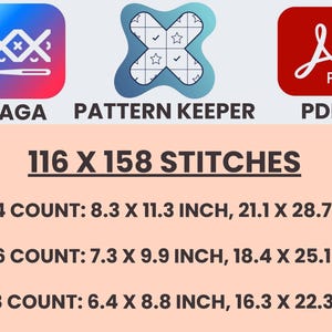 May include: Image with icons for SAGA, Pattern Keeper, and PDF. Text indicates 116 x 158 stitches. Includes size details for 14, 16, and 18 count, with measurements in inches and centimeters: 8.3 x 11.3 inch, 7.3 x 9.9 inch, and 6.4 x 8.8 inch.