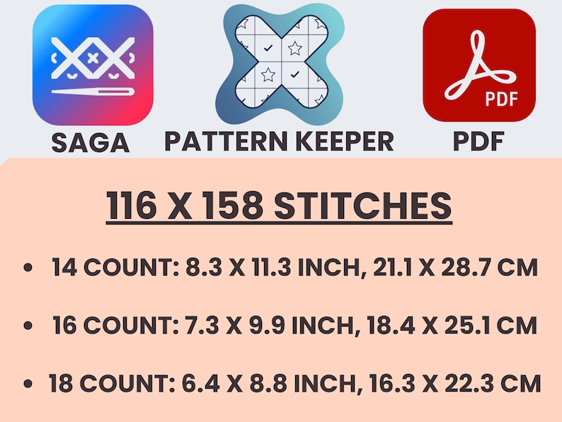 May include: Image with icons for SAGA, Pattern Keeper, and PDF. Text indicates 116 x 158 stitches. Includes size details for 14, 16, and 18 count, with measurements in inches and centimeters: 8.3 x 11.3 inch, 7.3 x 9.9 inch, and 6.4 x 8.8 inch.