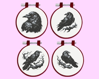 Raven Cross Stitch Pattern, 4 Ravens Cross Stitch Pattern, Bundle Set, instant download