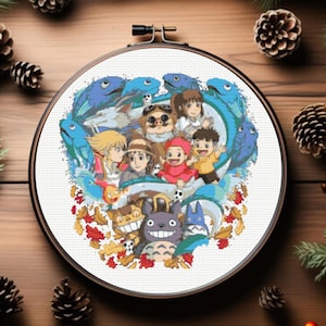 Ghibli Studio-kruissteekpatroon, Howl, Sophie, Calcifer, Sheeta, Pazu, Porco Rosso, Chihiro, Ponyo, Satsuki, Mei, Totoro, Catbus, Kodama