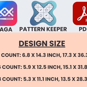 Pu&ograve; includere: Immagine con loghi per SAGA, Pattern Keeper e PDF. Sotto, "DESIGN SIZE" mostra le misure per schemi a punto croce da 14, 16 e 18 conteggi. Le misure sono in pollici e centimetri.