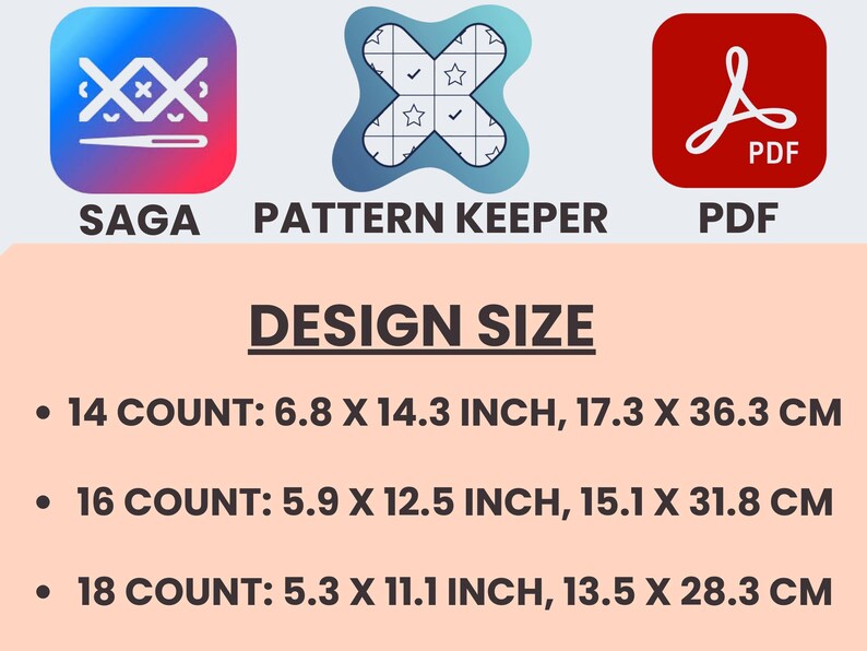Pu&ograve; includere: Immagine con loghi per SAGA, Pattern Keeper e PDF. Sotto, "DESIGN SIZE" mostra le misure per schemi a punto croce da 14, 16 e 18 conteggi. Le misure sono in pollici e centimetri.