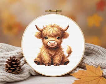 Highland Kuh Kreuzstichmuster, süsses Baby Kuh Kreuzstichmuster, sofortiger PDF-Download