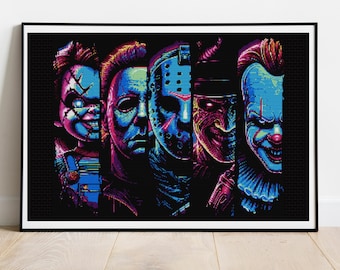 Friend Horror Cross Stitch Pattern, 4 Horror Characters Cross Stitch, Happy Halloween Cross Stitch Pattern,  instant download