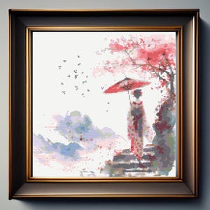 Japanese Landscape Cross Stitch Patter, Geisha Cross Stitch Pattern - Cherry Blossom Tree Cross Stitch Pattern - Japan Cross Stitch