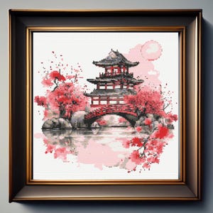 Japanese Castle Cross Stitch Pattern, Japanese Landscape Cross Stitch Patter, Cherry Blossom Tree Cross Stitch, instant download