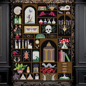 May include: A framed cross-stitch design featuring a collection of whimsical objects in a cabinet. The cabinet has multiple shelves with various items, including a butterfly, a skull, a cage, a mushroom, and a snake. The design is in a vintage style with a dark background and gold accents.
