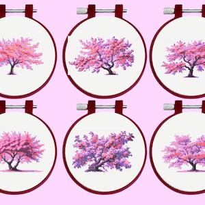 桜の木のクロスステッチパターン、6つのピンクの木のクロスステッチパターンバンドルセット、即時ダウンロード