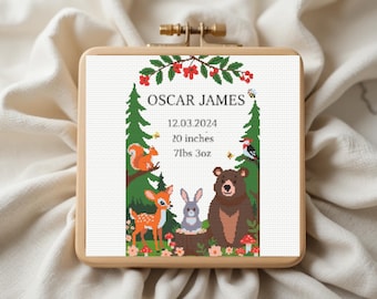 Birth Announcement Cross Stitch Pattern PDF |  Forest Animals Sampler | DIY Baby Shower Easy Chart | instant  download PDF