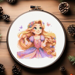 May include: Cross stitch pattern of a cartoon princess with long blonde hair wearing a purple dress and a flower crown. She is surrounded by butterflies.