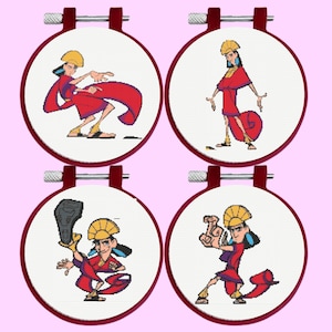 Puede incluir: Cuatro aros de bordado, cada uno con un diseño de punto de cruz de un personaje de dibujos animados en varias poses. El personaje lleva un tocado amarillo y ropa roja. Los aros tienen un marco granate y un fondo blanco.