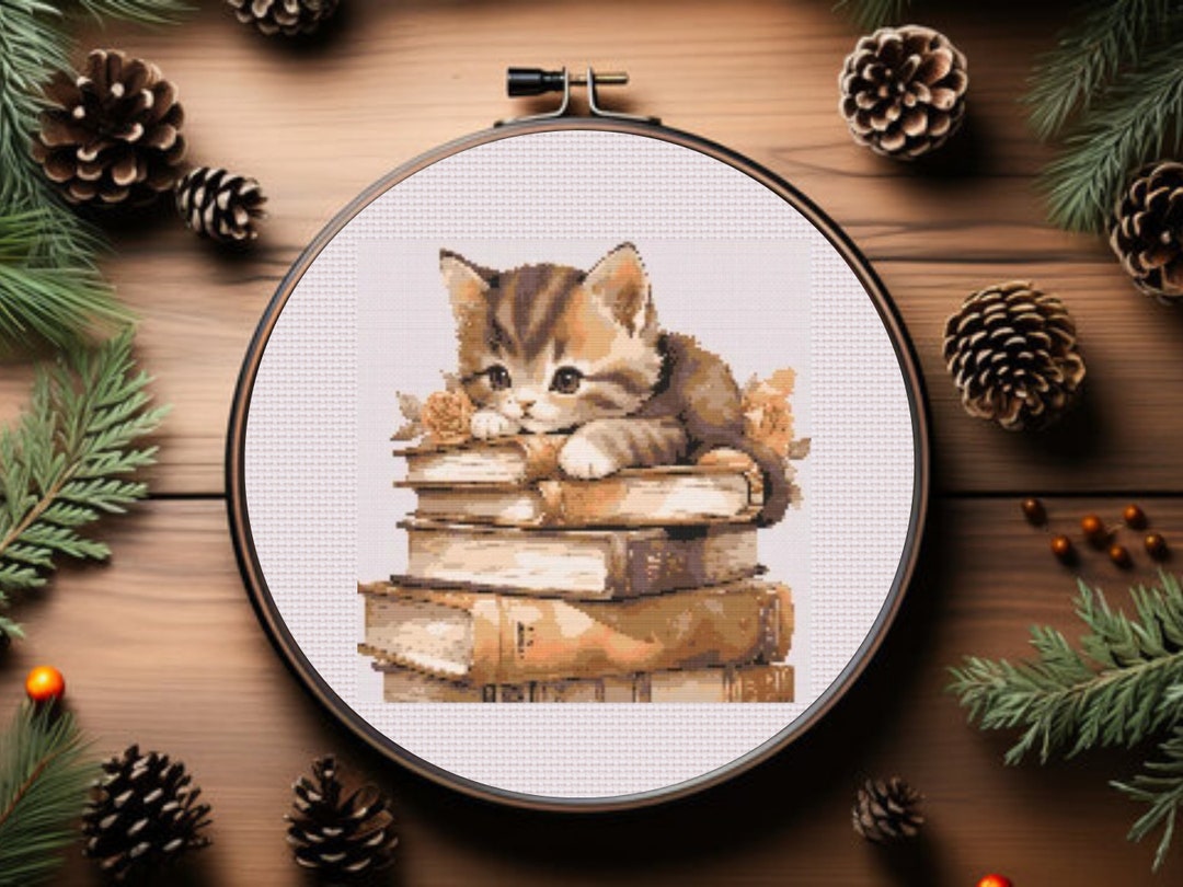 Cat and Books Cross Stitch Pattern - Kitten Cross Stitch Pattern, Book ...