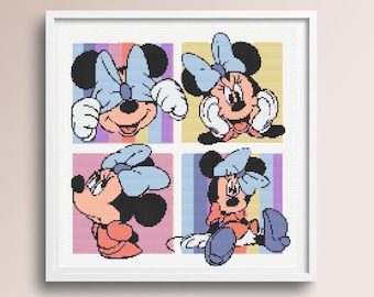 May include: A colorful illustration of a cartoon mouse wearing a blue bow. The mouse is shown in four different poses, each with a different expression.