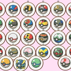 Pokeball Kreuzstichmuster, Set von 28 Pokebällen Kreuzstichmuster, Pokeman Ball Kreuzstichmuster, sofortiger Download