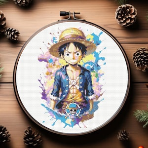 Op de afbeelding: Een kleurrijke kruissteek-borduurwerk van een cartoonfiguur met een strohoed en een blauw shirt. Het figuur is omringd door kleurrijke verfspatten.