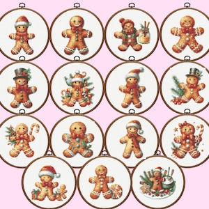 May include: Twelve round embroidery hoops with white backgrounds and images of gingerbread people in various poses and outfits. The gingerbread people are decorated with icing, candy canes, and other festive details.