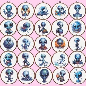 Alien Cross Stitch Pattern - Set of 25 Aliens Cross Stitch Pattern - Instant Download