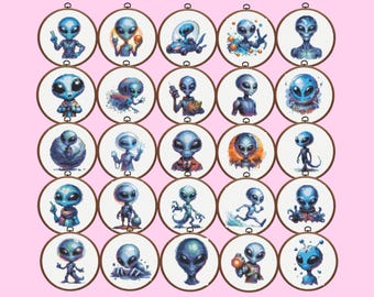 Alien Cross Stitch Pattern - Set of 25 Aliens Cross Stitch Pattern - Instant Download