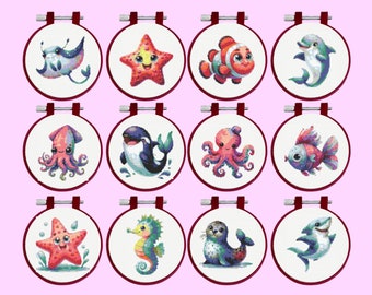 Funny Sea Creature Cross Stitch Pattern, 12 Sea Creatures Bundle Set Cross Stitch Pattern, instant dosnload, Small patterns